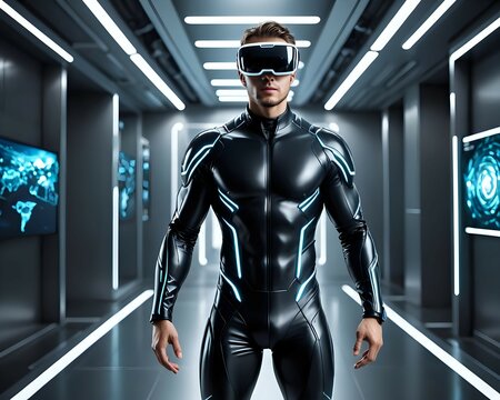 Futuristic human in advanced silver armor wearing virtual reality goggles inside a high-tech laboratory