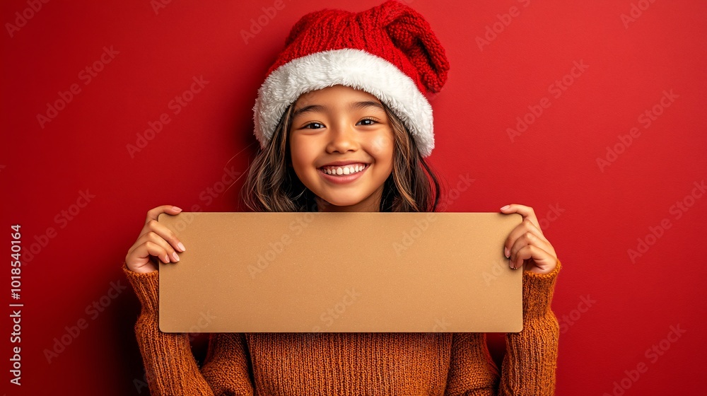 Poster isolated on red color background with side space for letters joyful asian child wearing a christmas 