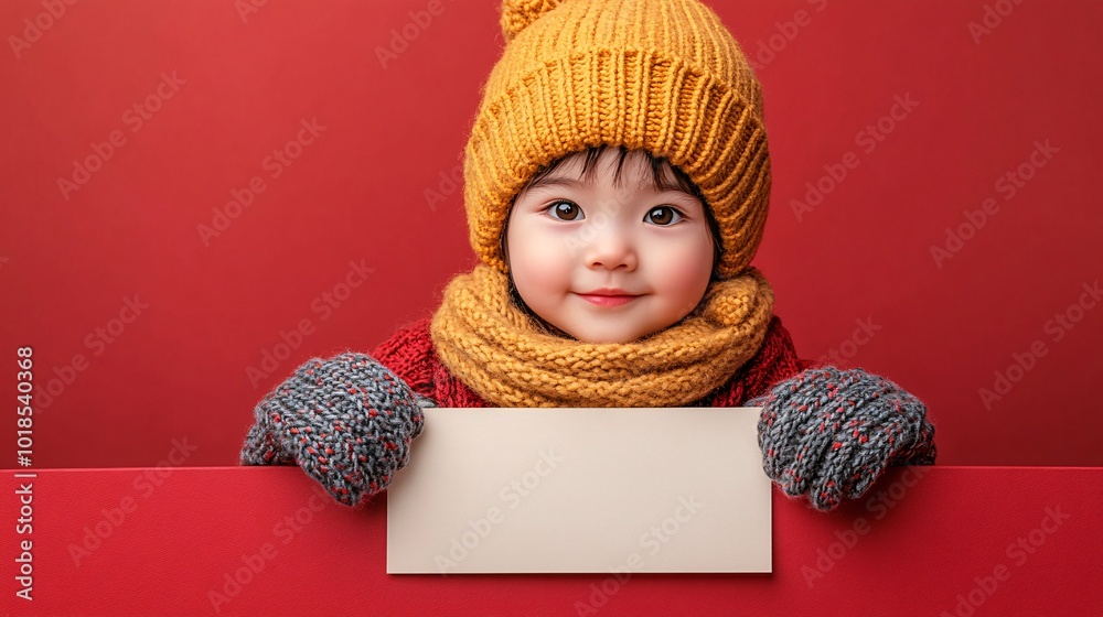 Poster Isolated on Red color background with side space for letters Asian child dressed in holiday-themed clothing holding a blank sign with space for text Stock Photo with copy space