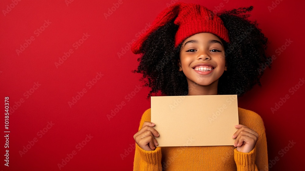 Poster Isolated on Red color background with side space for letters happy BIPOC child wearing Christmas colors holding a blank poster for seasonal greetings Stock Photo with copy space