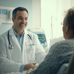 Obraz premium Compassionate Care: Doctor and Patient. A heartwarming image of a friendly doctor providing compassionate care to an elderly patient in a hospital room. 