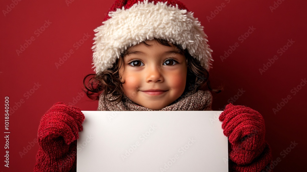Poster isolated on red color background with side space for letters smiling western child in festive clothi