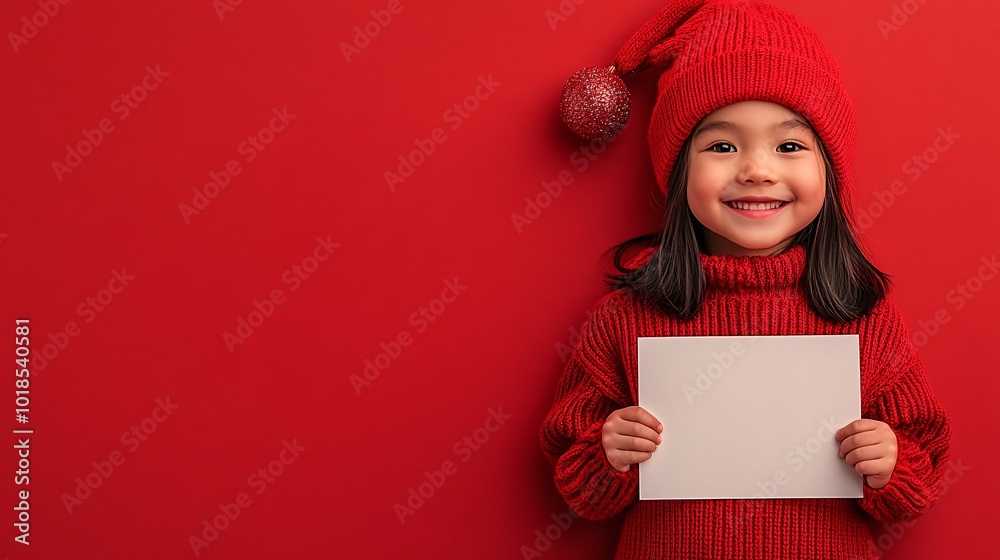 Poster Isolated on Red color background with side space for letters cheerful Asian child in a Christmas hat holding a blank sign for New Year messages Stock Photo with copy space