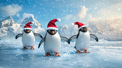Fototapeta premium Three playful penguins wearing Santa hats in a snowy landscape, bringing festive cheer and holiday spirit to the icy environment.