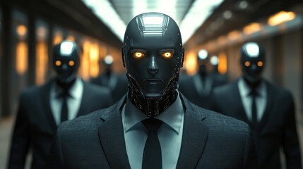 Row of robots in suits walking confidently forward