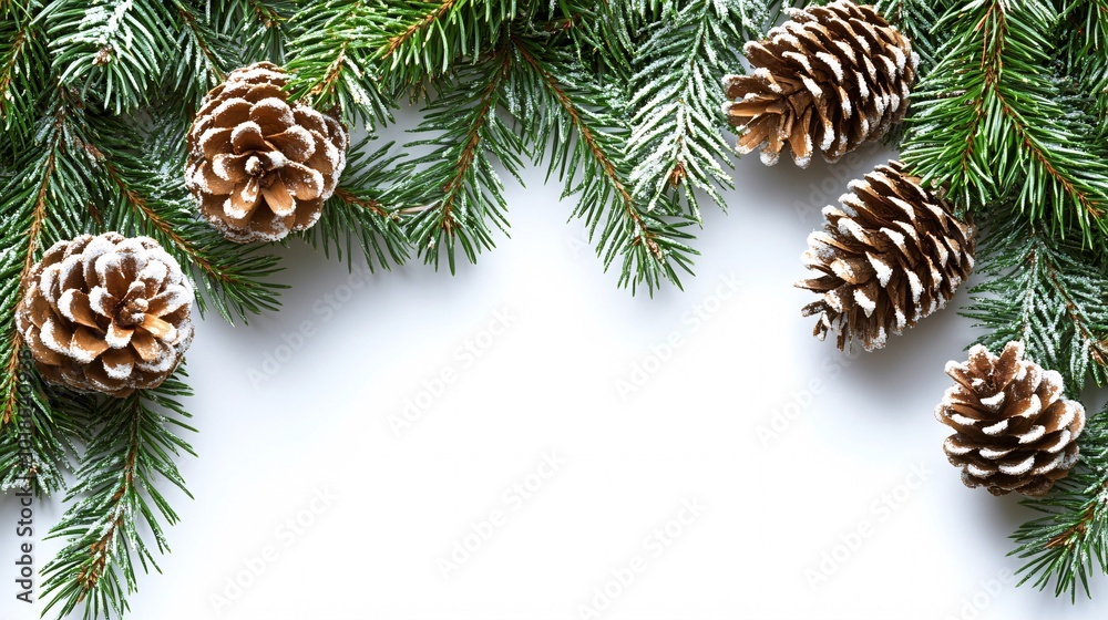 Aufkleber Photorealistic with side space for letters Card mock-up with a festive pine cone border and blank space for custom messages Stock Photo with copy space