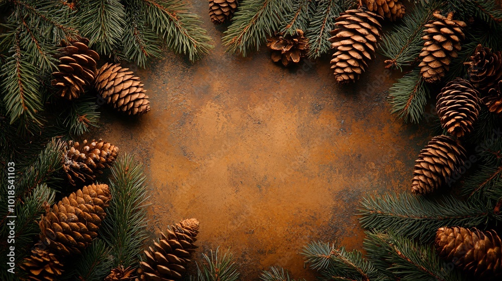 Aufkleber Photorealistic with side space for letters Card mock-up with a festive pine cone border and blank space for custom messages Stock Photo with copy space