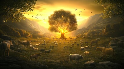 The Garden of Eden at dawn lush and vibrant among the animals