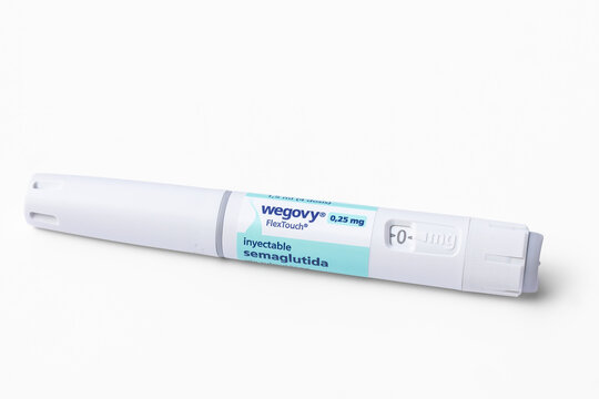 Barcelona, Spain - October 8, 2024: Wegovy pen, injectable semaglutide for the treatment of insulin resistance and obesity. From the Novo Nordisk laboratory. Isolated on white background.