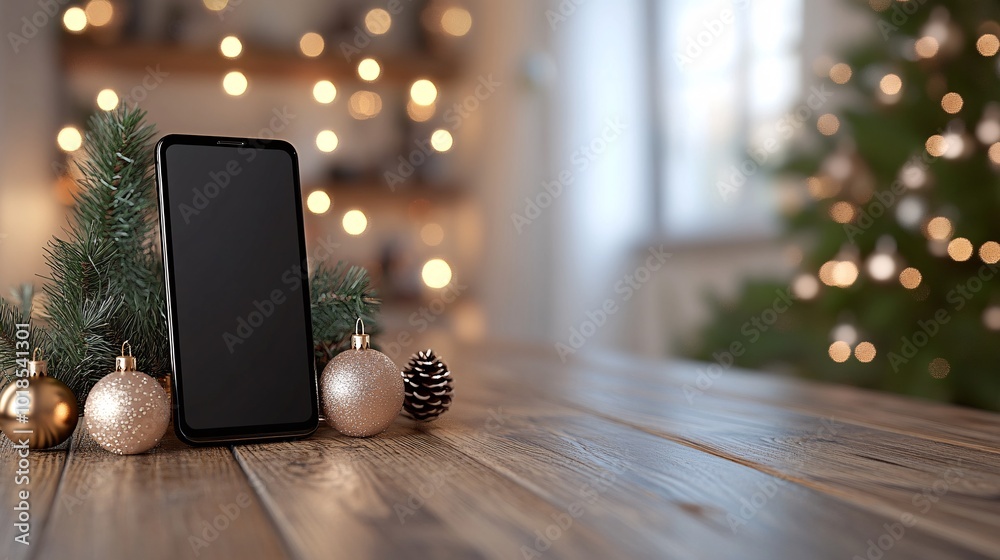 Poster Photorealistic with side space for letters Smartphone mock-up placed on a wooden table surrounded by Christmas ornaments and fairy lights Stock Photo with copy space