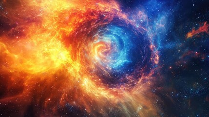 Vibrant cosmic swirl of colors showcasing the beauty of the universe, combining deep blues and fiery oranges in a mesmerizing display.