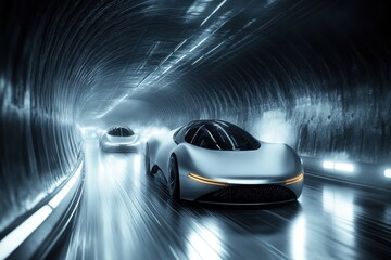 Obraz premium futuristic vehicles traveling through a high-tech tunnel illuminated by glowing lights, showcasing sleek designs and advanced technology against a backdrop of modern architecture