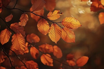 Golden leaves in autumn illuminated by warm sunlight, capturing the essence of fall’s glowing transition.