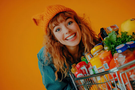 Young woman with a shopping cart full of products isolated on orange