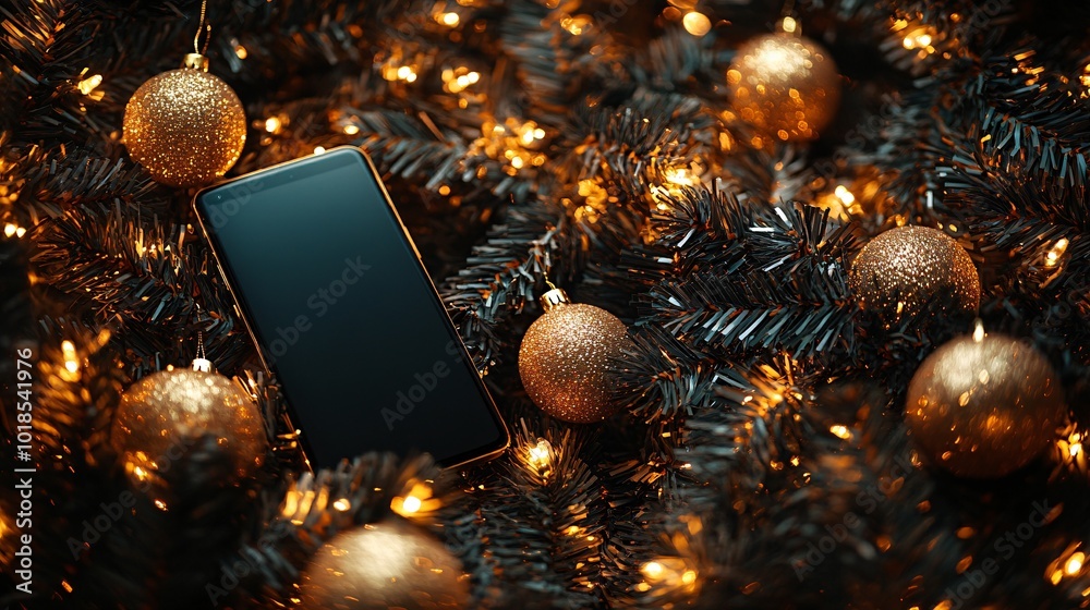 Poster photorealistic with side space for letters smartphone mock-up leaning against a decorated christmas 