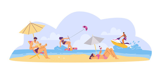 Fototapeta premium Vector illustration of people relaxing on the beach: sailing on a jet ski, kiteboard, reading
