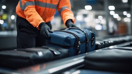 Airport Worker Handling Luggage on Conveyer Belt
