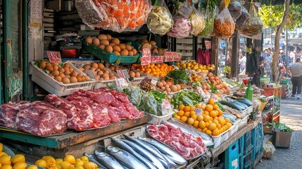 Fototapeta premium Vibrant market scene featuring fresh fruits, vegetables, and meats displayed beautifully for shoppers in a busy environment.
