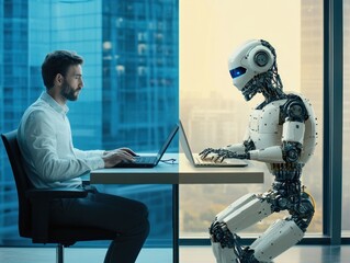 Fototapeta premium Man and robot meeting at a futuristic urban office.