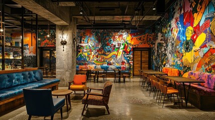 Vibrant restaurant interior featuring colorful murals, stylish furniture, and a cozy atmosphere ideal for dining and socializing.
