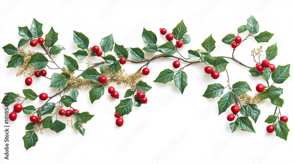 Poster Photorealistic with side space for letters Blank card mock-up with sprigs of holly and gold tinsel arranged in a festive layout Stock Photo with copy space