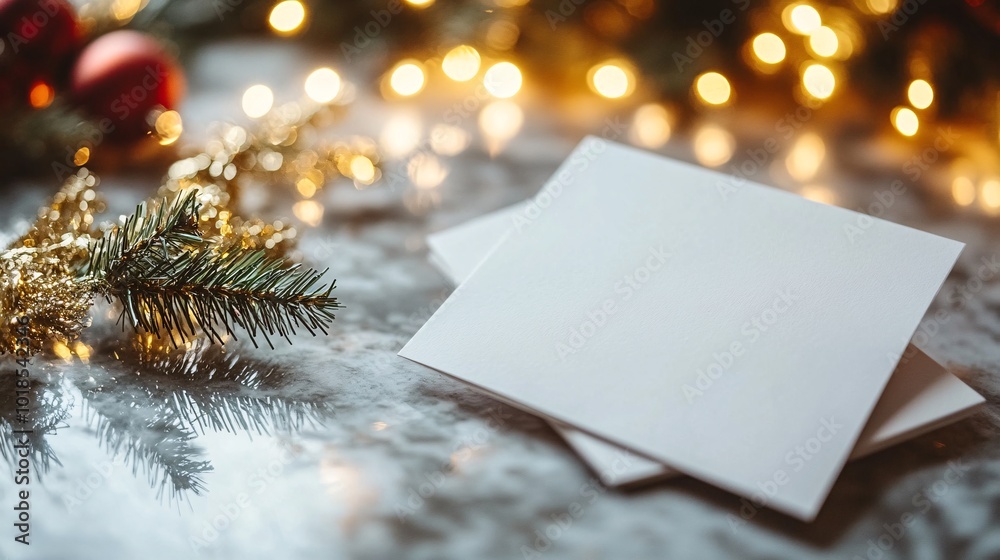 Aufkleber Photorealistic with side space for letters Blank card mock-up with sprigs of holly and gold tinsel arranged in a festive layout Stock Photo with copy space
