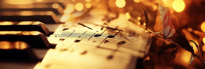 Sheet music atop piano keys, illuminated by golden bokeh, represents musical harmony and artistic...