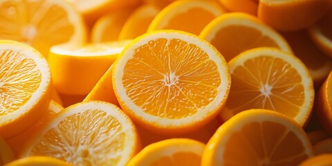 A heap of freshly cut orange slices arranged neatly together displaying their juicy pulp and vivid...