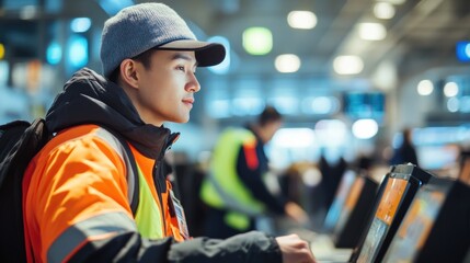 Young Worker in Safety Gear Engaging with Technology