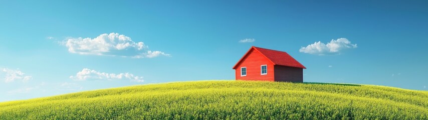 Tranquil Red House in Lush Green Field Landscape