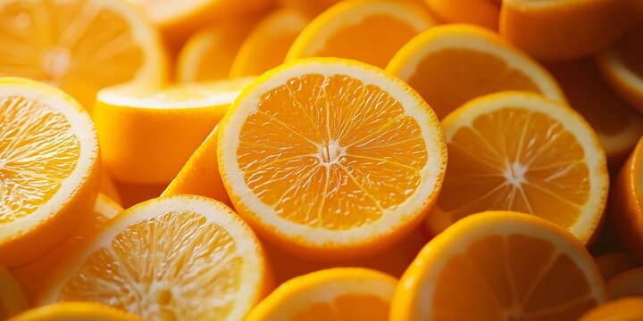 A heap of freshly cut orange slices arranged neatly together displaying their juicy pulp and vivid texture. - Powered by Adobe