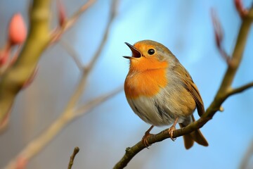 Obraz premium A small bird with vivid orange and brown feathers sings cheerfully on a branch.
