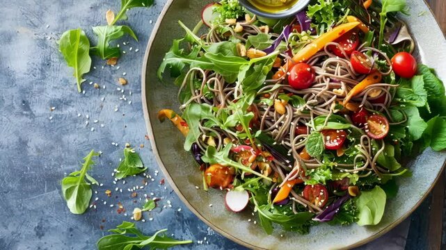 Enjoy a colorful, healthy soba noodle salad with fresh veggies and herbs on a rustic plate. Perfect for vegetarians and vegans