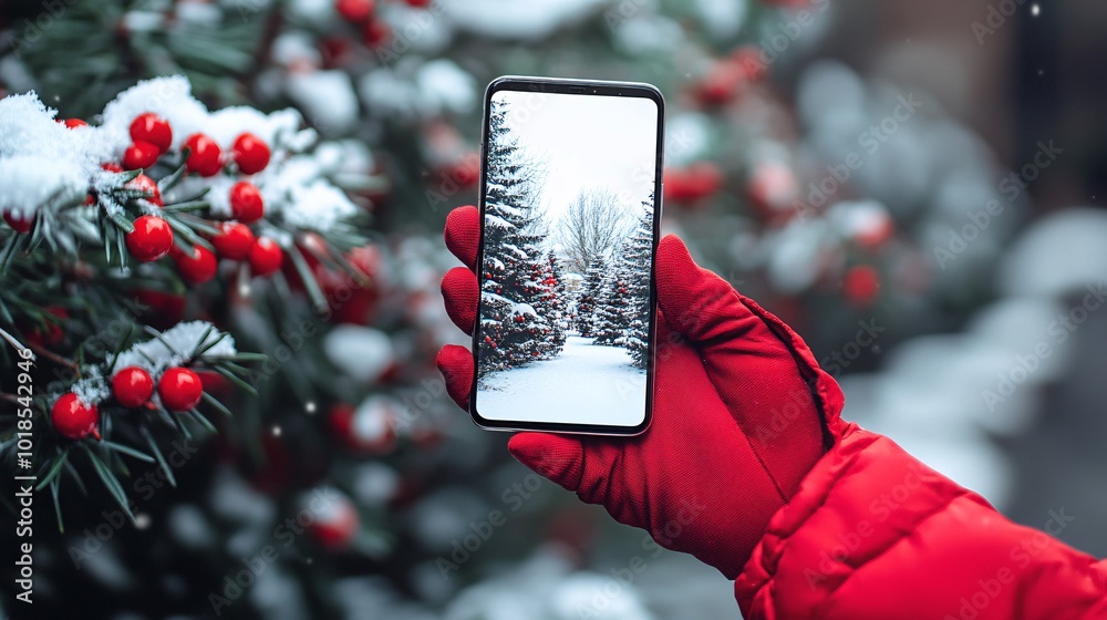 Poster photorealistic with side space for letters smartphone mock-up held by a gloved hand with a snowy bac