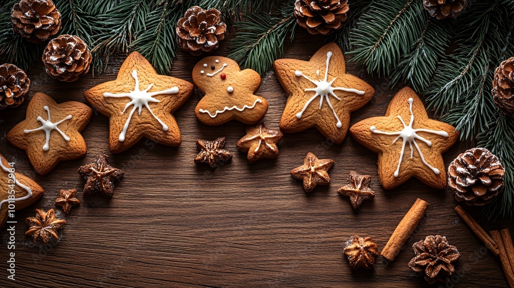 Poster photorealistic with side space for letters card mock-up surrounded by christmas cookies and gingerbr