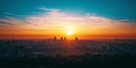 A breathtaking sunrise drenches the city skyline with vibrant colors, casting shadows over buildings and tall structures.