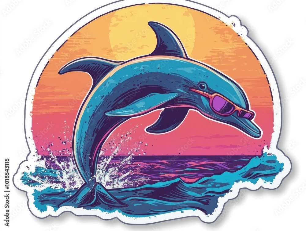 Wall mural Retro style of a dolphin jumping out of the bright sunlit water wearing stylish sunglasses against a backdrop of warm tropical colors perfect for summer themed stickers posters