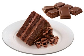 prato com bolo de chocolate acompanhado de barras de chocolate ao leite isolado em fundo...