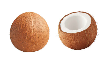 Coconuts, whole and halved, isolated on a white background.