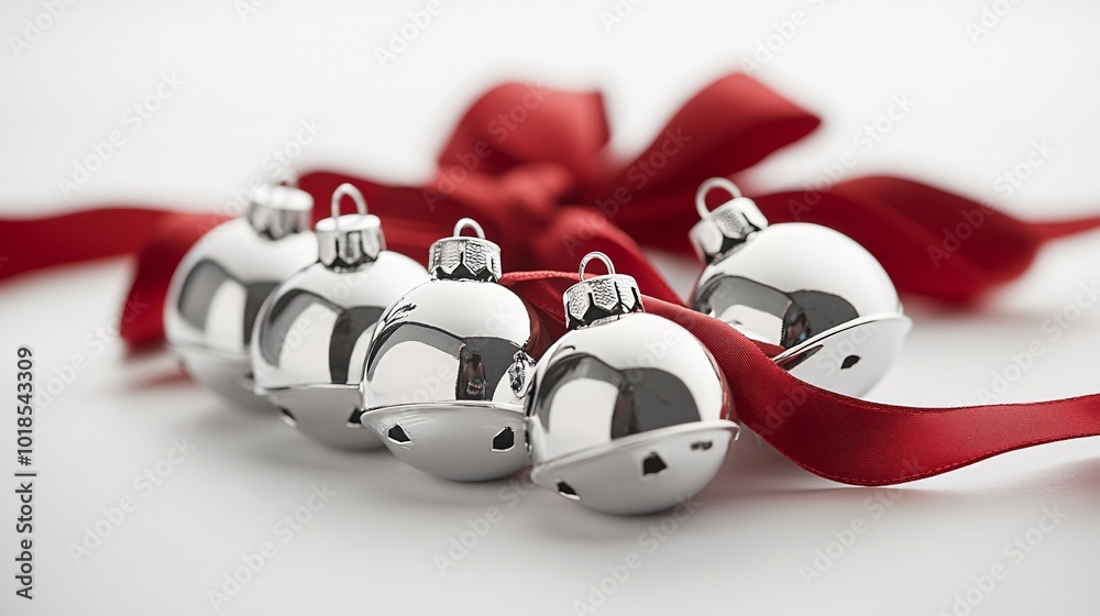Poster photorealistic with side space for letters christmas card mock-up featuring silver bells and a red r