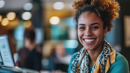 Fototapeta premium Smiling woman in a casual setting with blurred background