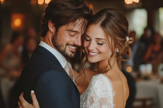 joyous bride and groom sharing a dance at their wedding surrounded by warmth and celebration their expressions reflect love and happiness during this special moment
