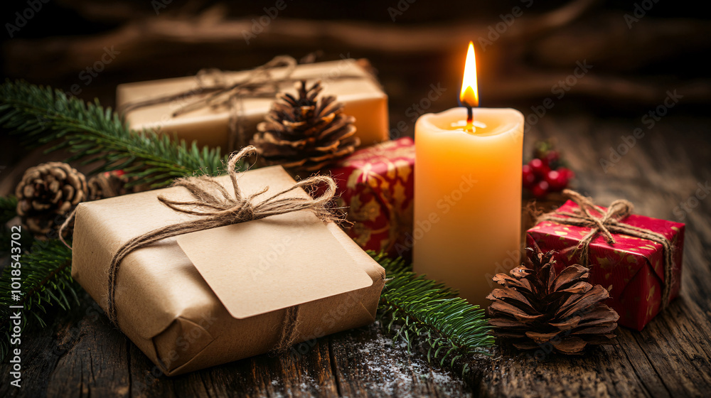 Poster photorealistic with side space for letters elegant card mock-up placed next to a burning candle and 