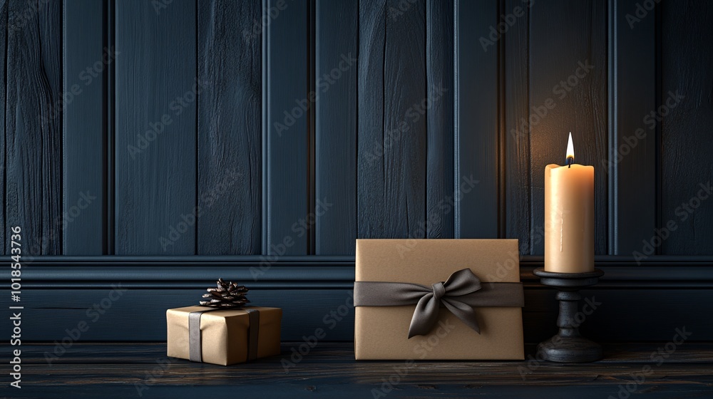 Aufkleber photorealistic with side space for letters elegant card mock-up placed next to a burning candle and 