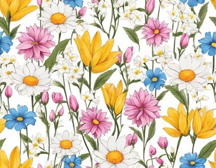 Colorful floral pattern with assorted flowers on a pale background suitable for fabric or wallpaper