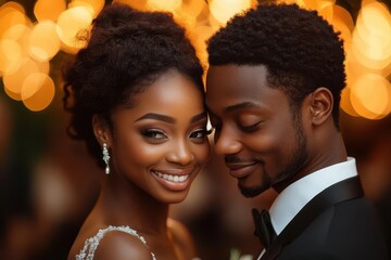 joyous bride and groom sharing a dance at their wedding surrounded by warmth and celebration their expressions reflect love and happiness during this special moment