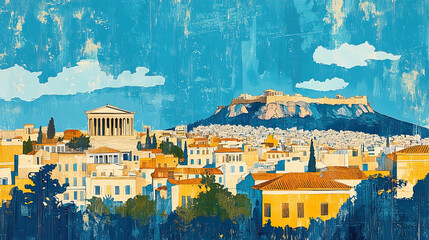 Obraz premium Athens, Greece, color wood block print effect. Woodblock printing. Graphic designed, illustration for travel poster, card, wallpaper, backdrop or banner. Modern, clear, artistic and simple