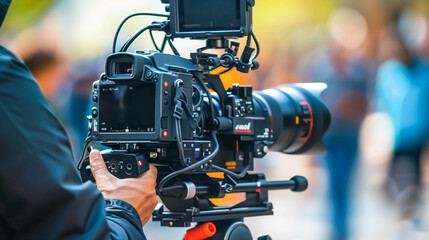 Cameraman with camera video movie working outdoor.