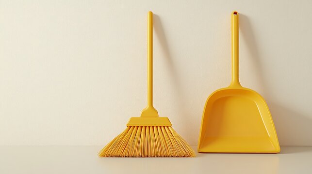 recommend clip art: Yellow Broom and Dustpan on White Background Cleaning Supplies Housekeeping Tools
