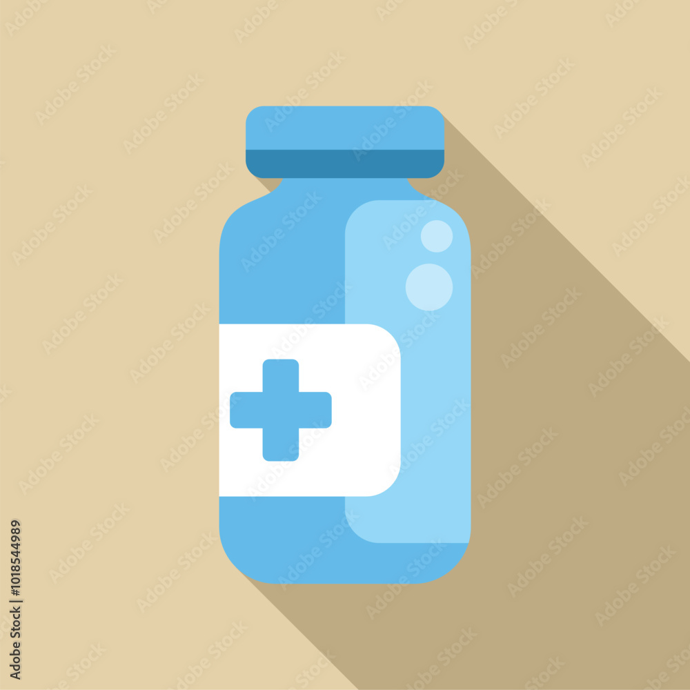 Wall mural Simple and minimal representation of a blue medical bottle showing a white cross sign with long shadow on a beige background